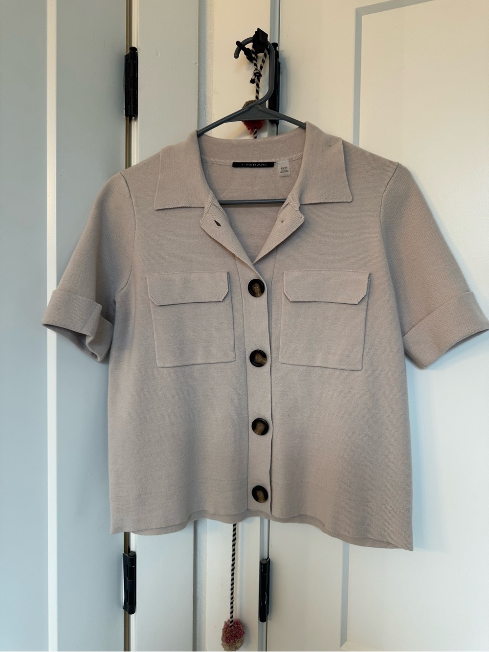 T Tahari Beige Short-Sleeve Button Front Knit Shirt